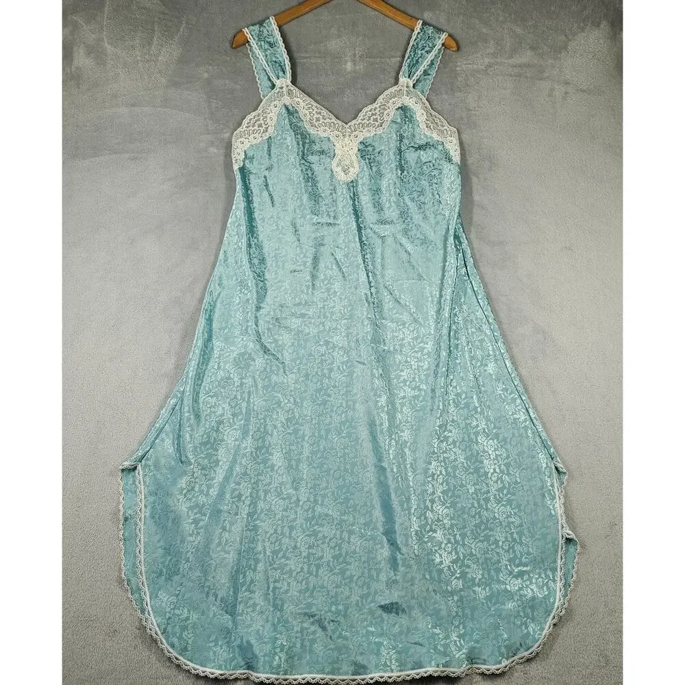Vintage Lucie Ann II Nightgown Womens M‎ Blue Floral Satin Lace Bridal Lingerie